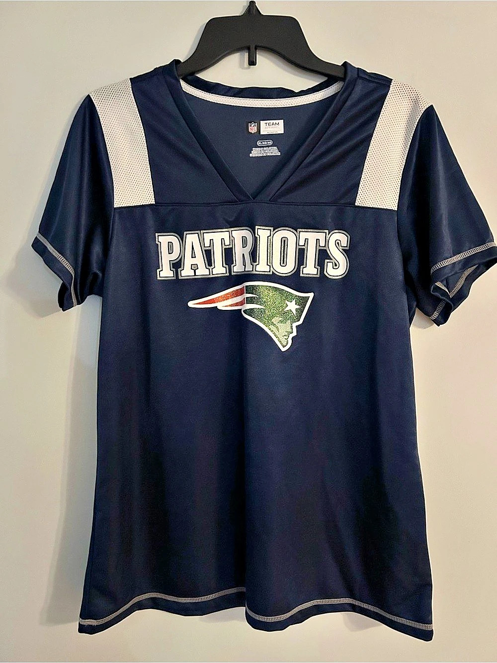 NFL Team Apparel New England Patriots Women's Glitter V-Neck Jersey Glitter